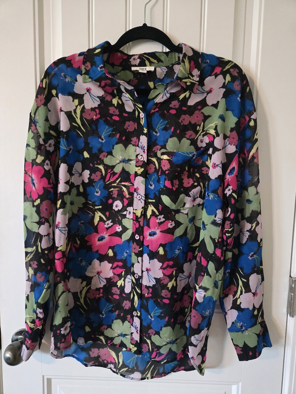 Bar III Black Floral Blouse with Pink, Blue & Green Accents